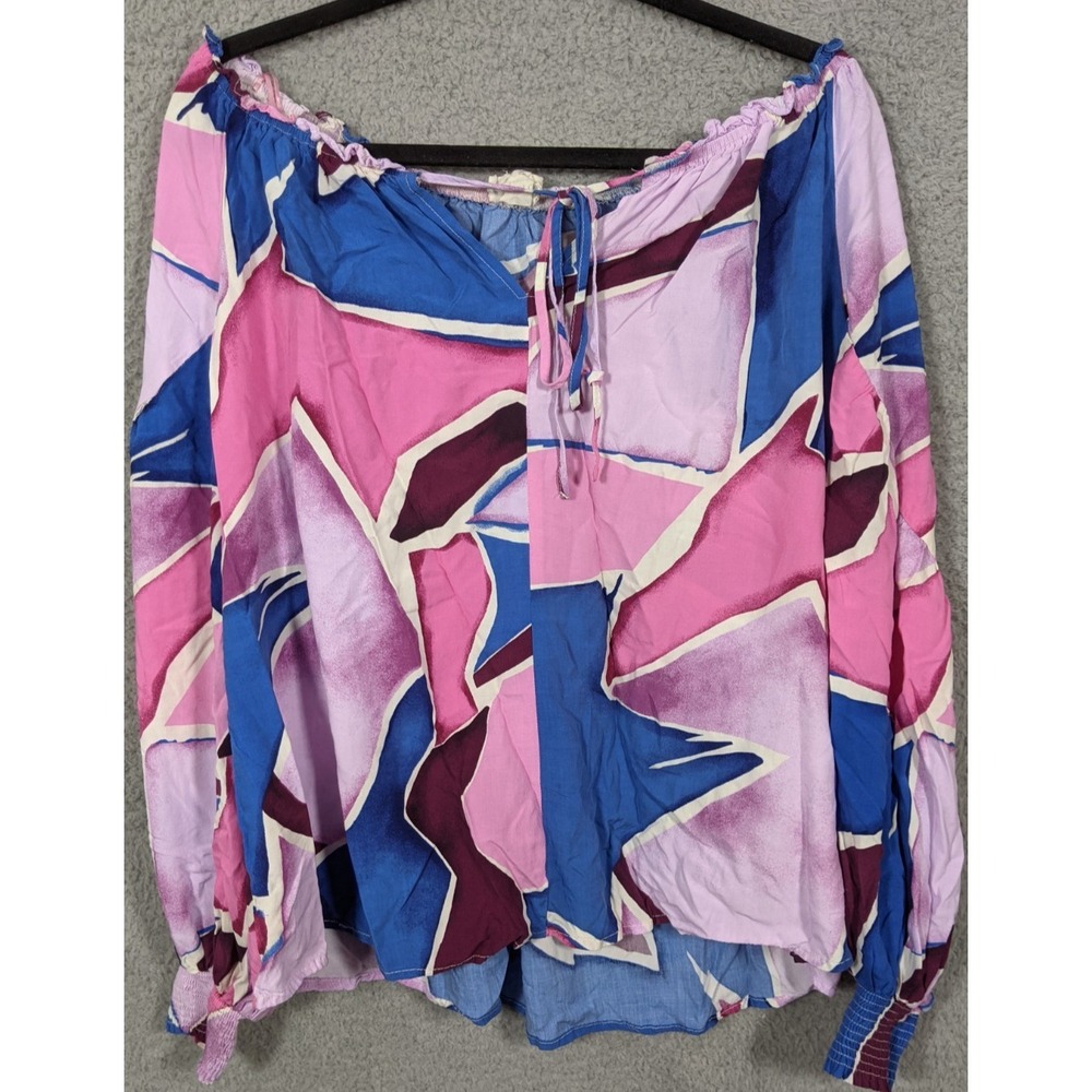 Perch By Blu Pepper Top Womens 1XL Pink Blue Balloon Sleeve Tie Neck Boho Artsy